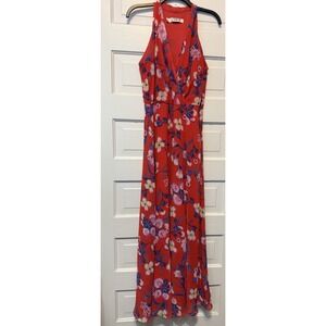 Chelle B Red Floral Halter Maxi Dress – Boho Summer Garden Party  M